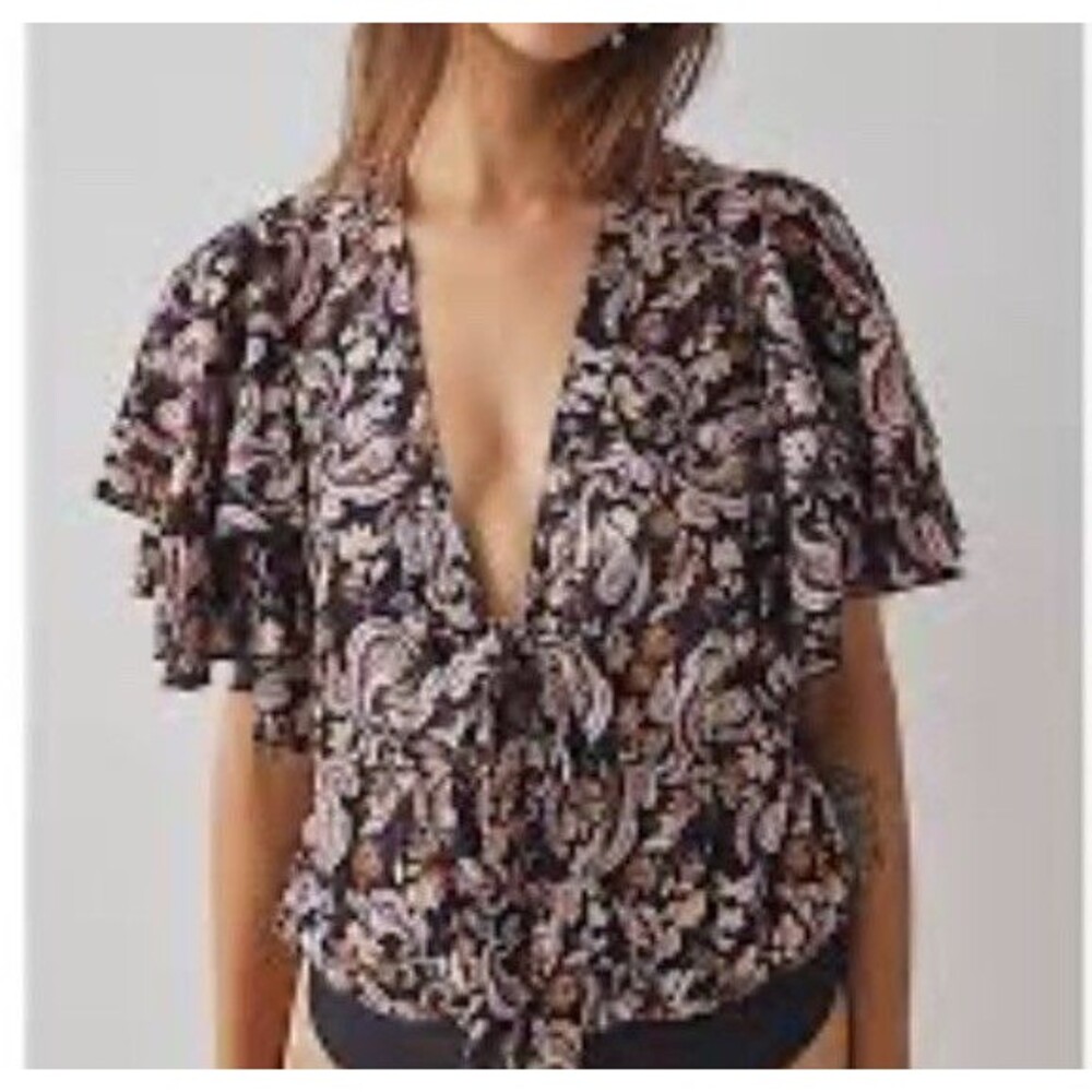 Free People Size S Call Me Later Bodysuit Casual Paisley Printed Black